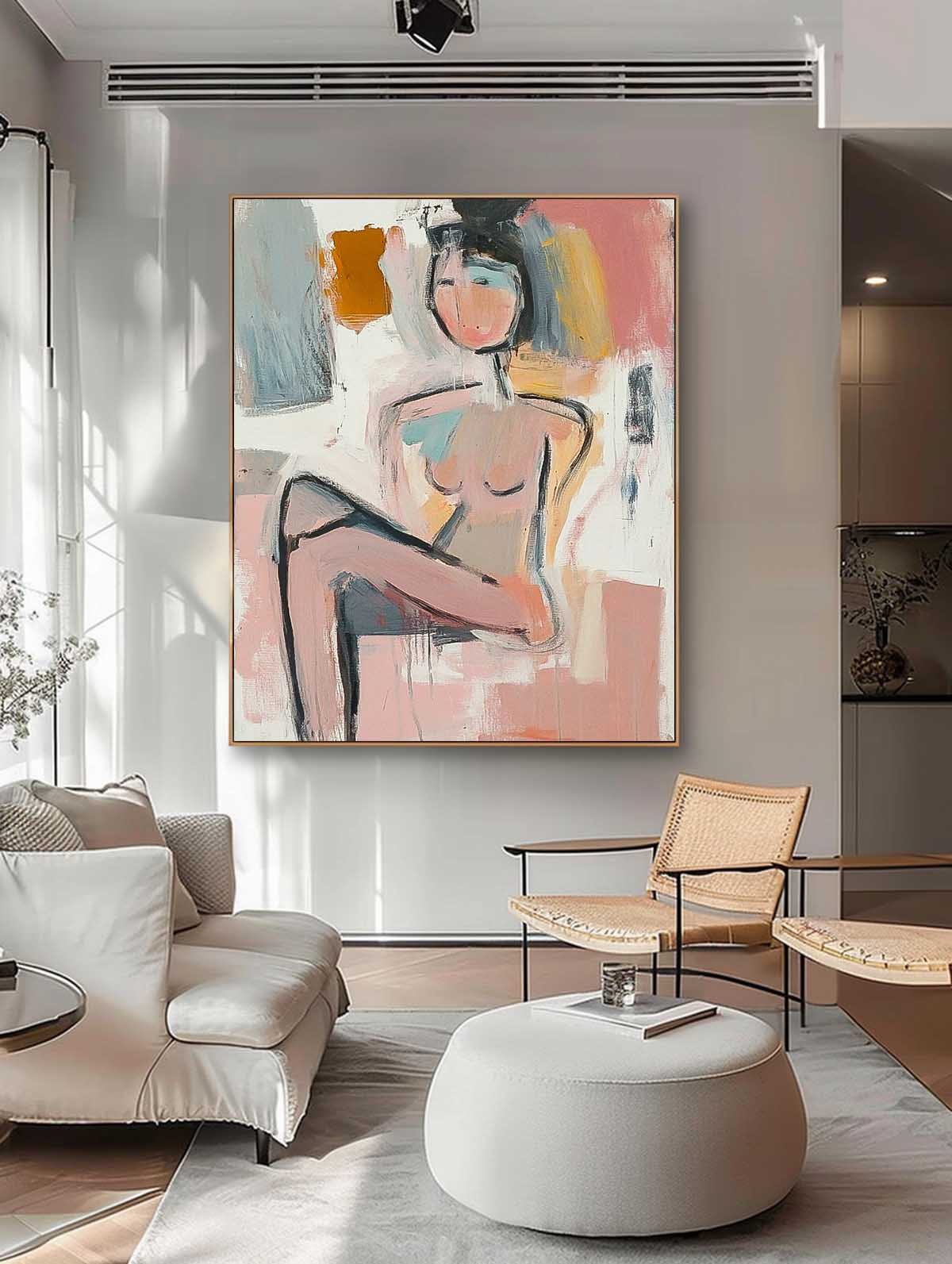 Abstract Doodle Artwork Large Girl Painting Abstract Lady Painting Original Wall Art Framed For Living Room