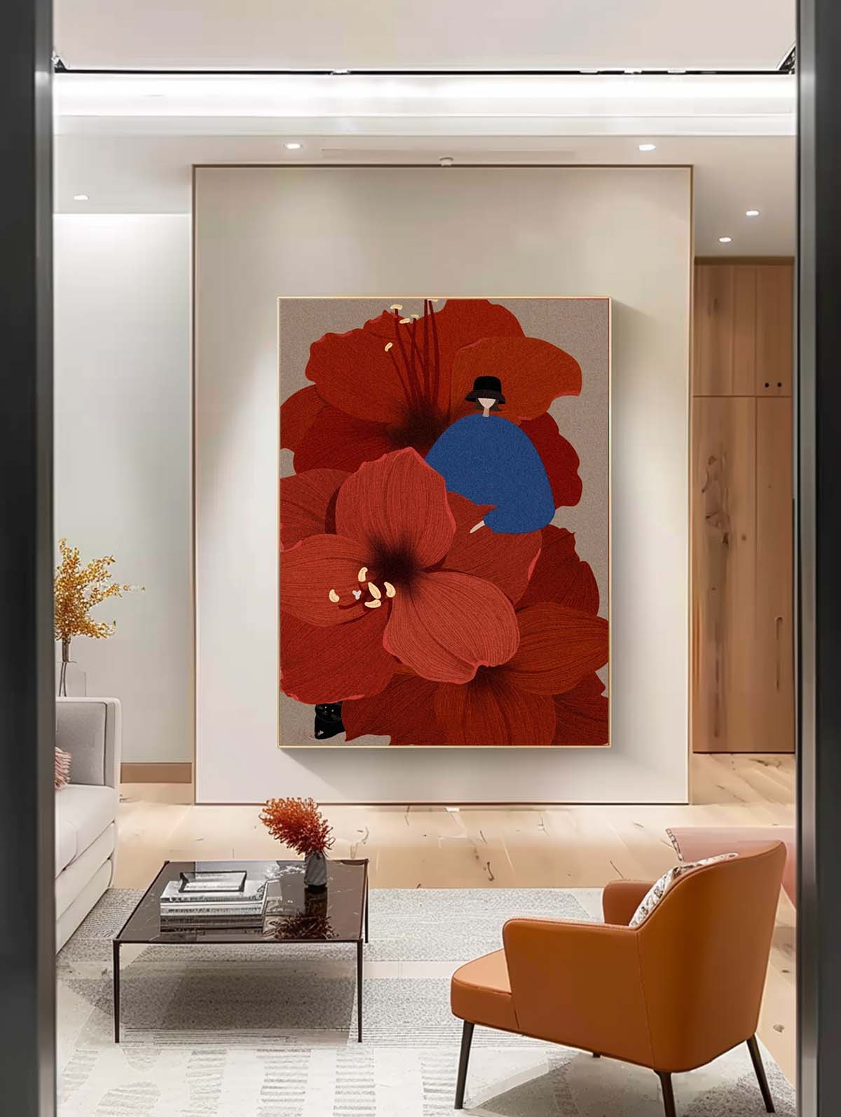 Large Figure Painting Original Girl On Flowers Wall Art Illustration style Abstract Artwork Home Decor