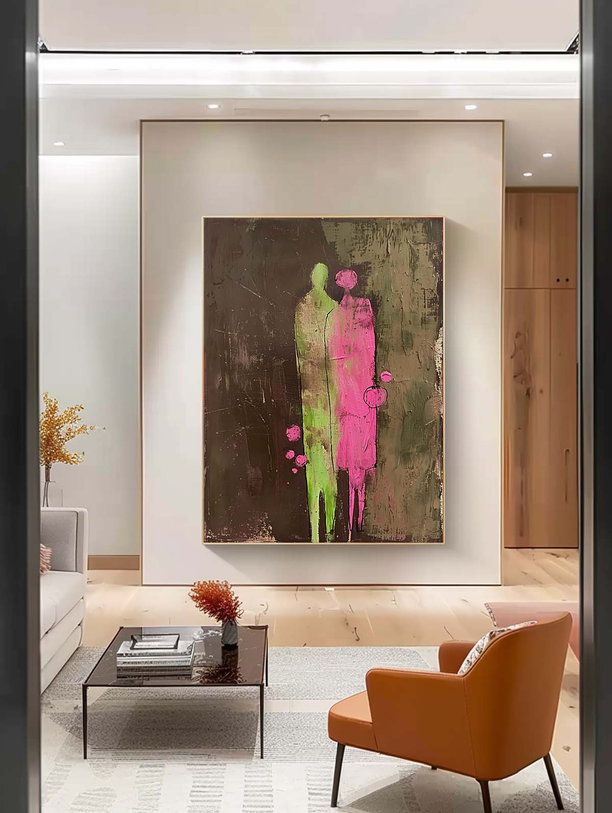 Dark Brown Large Figure Painting Original Green And Pink Silhouettes Wall Art Abstract Artwork Framed