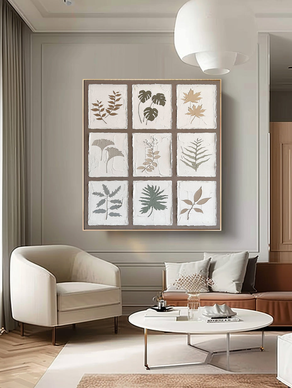 Minimalism Artwork Floral Painting on Canvas 3D Plant Textured Variety Of Leaves Wall Art Home Decor