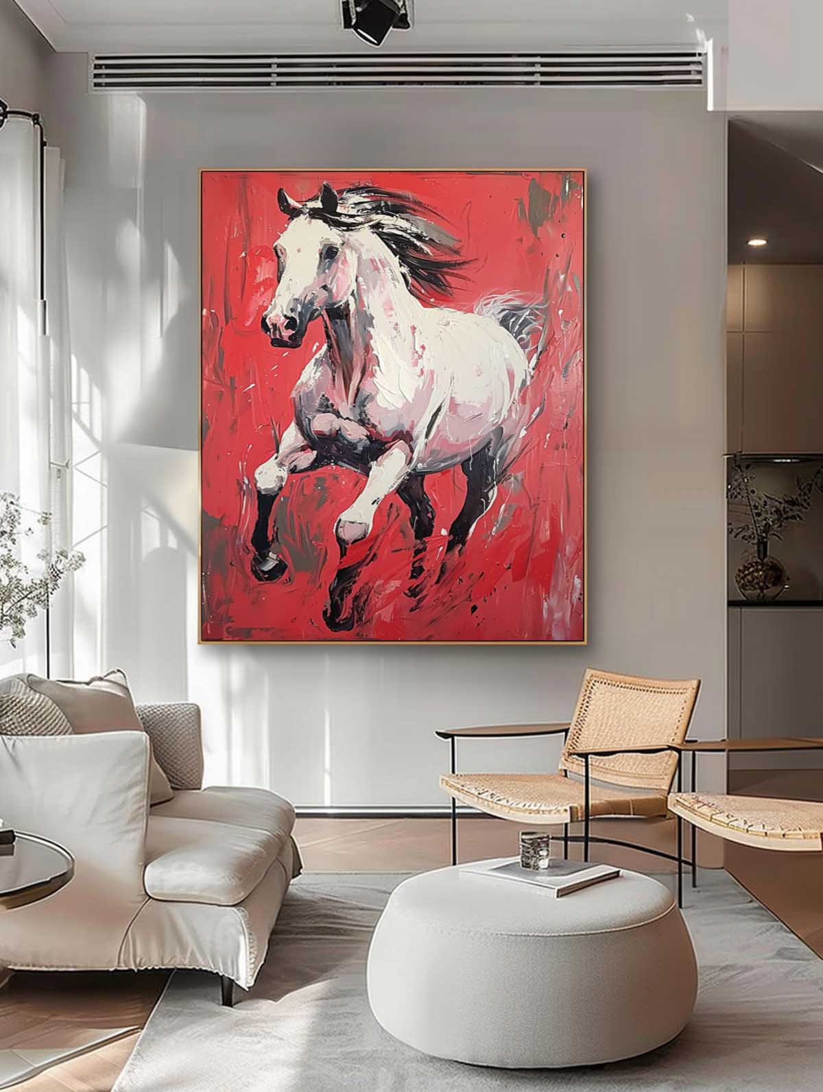 Modern Red background Texture Animal Oil Painting White Horse Oil Painting Impressionist Horse Wall Art Decor