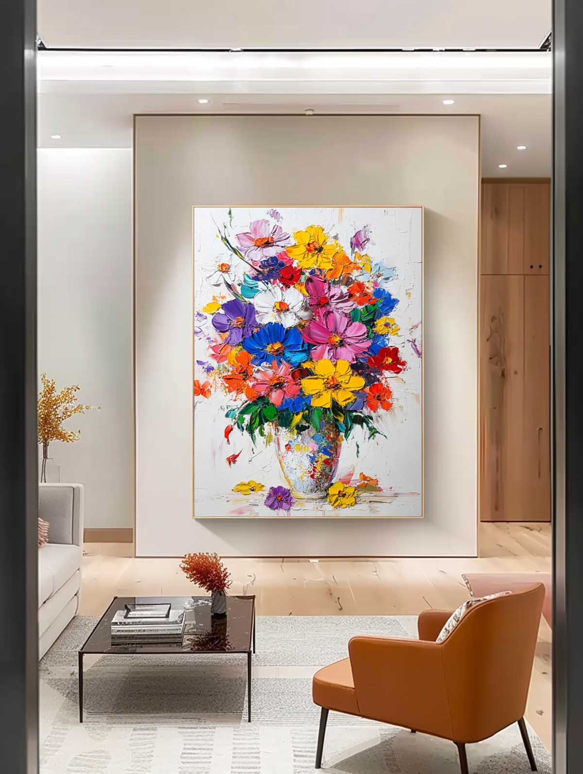 Colorful Flowers Acrylic Painting Canvas Large Textured Vase Art Original Floral Painting For Living Room