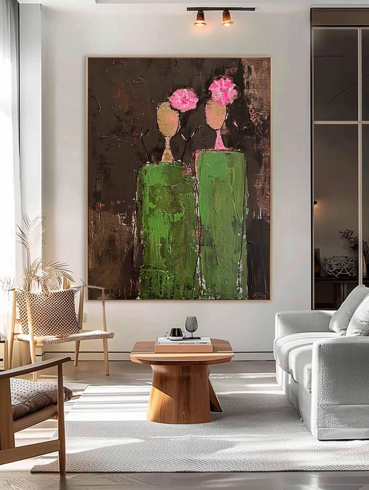 Dark Brown Large Flower Figure Painting Original Green Silhouettes Wall Art Abstract Artwork Home Decor