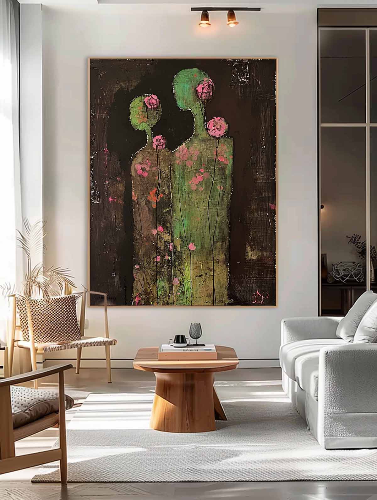 Original Colorful Silhouettes Wall Art Dark Brown Large Flower Figure Painting Abstract Artwork Home Decor
