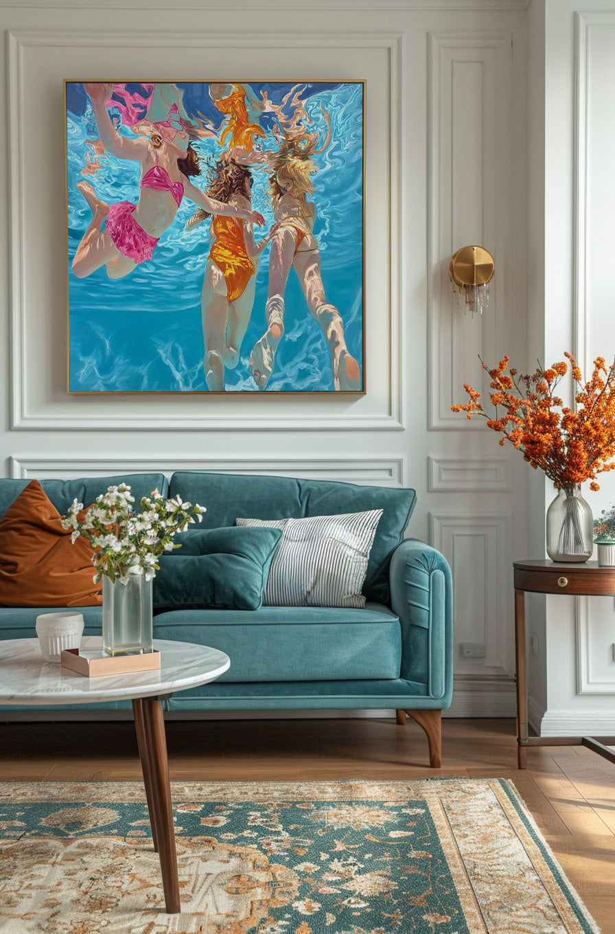 Original Girl swimming Wall Art Diving In Ocean Sensual Woman Acrylic Painting Lovely Lady Artwork