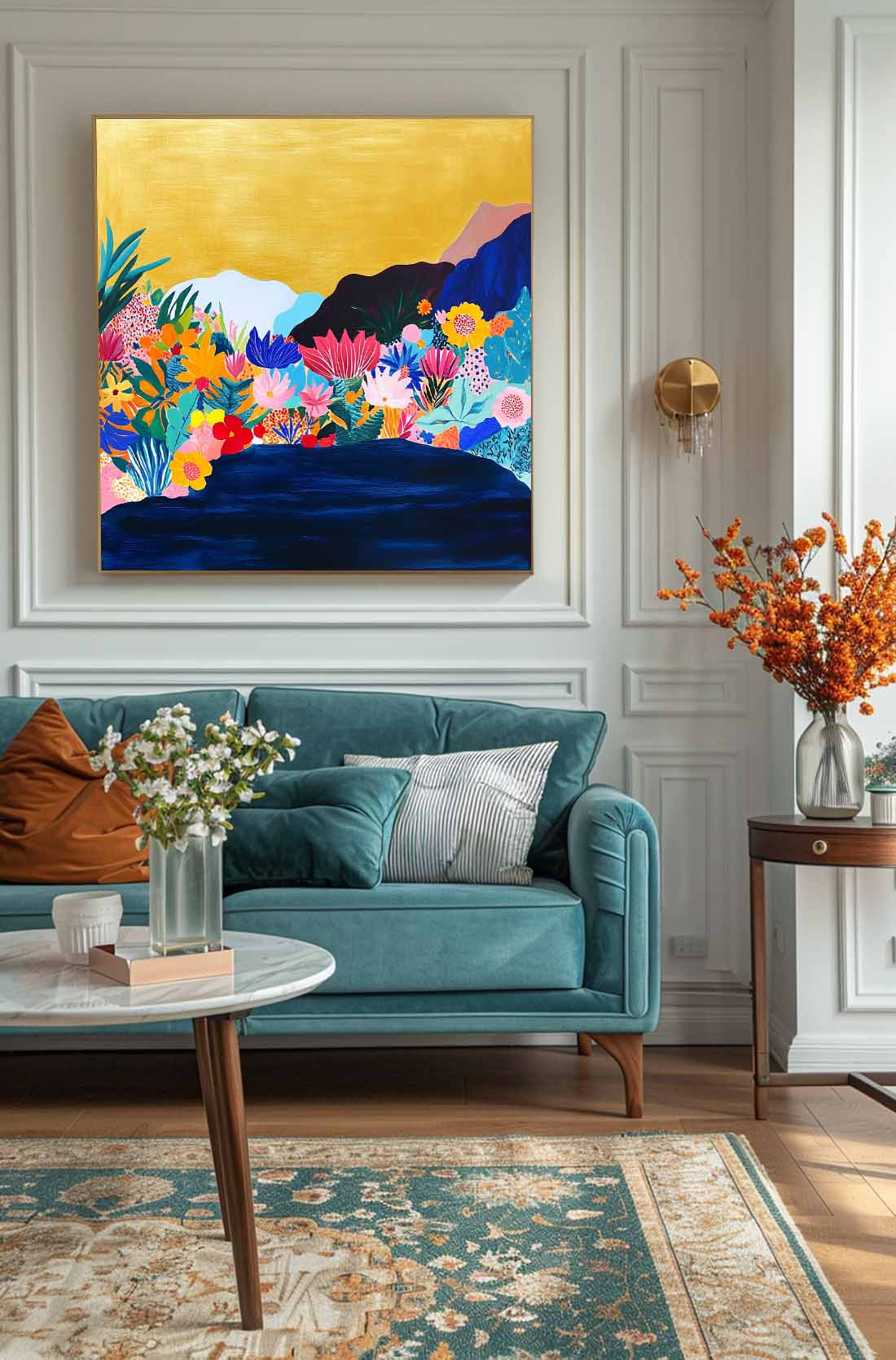 Large Illustration style Wall Art Floral Painting on Canvas Original Flower Bush Botanical Square Artwork