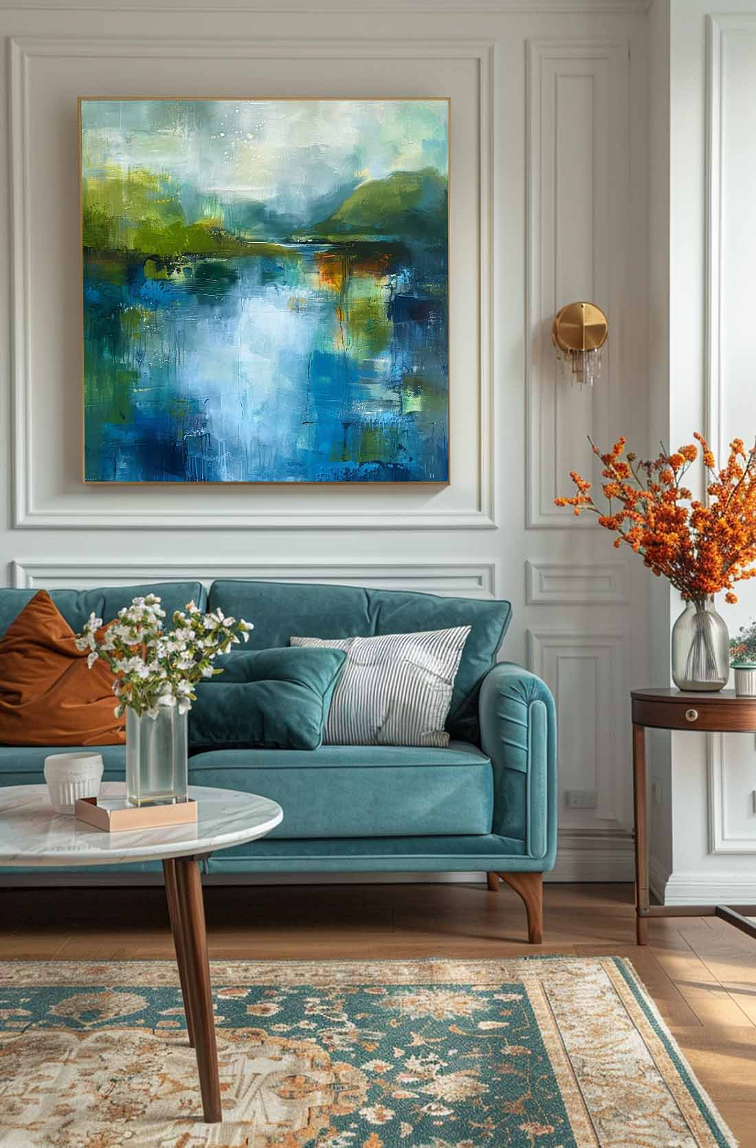 Square Modern Nature Art Large Abstract Green And Blue Oil Painting On Canvas Original Wall Art Home Decor