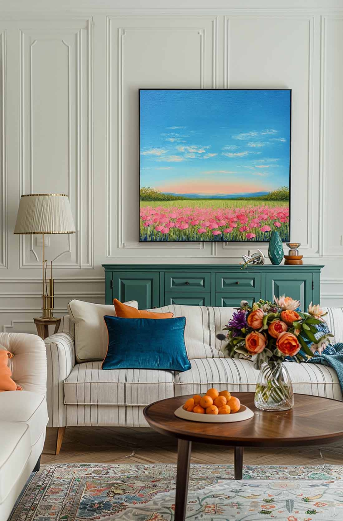 Landscape painting Nature Artwork Muted Country Field Wall Art Wildflower Field Scenery Oil Painting