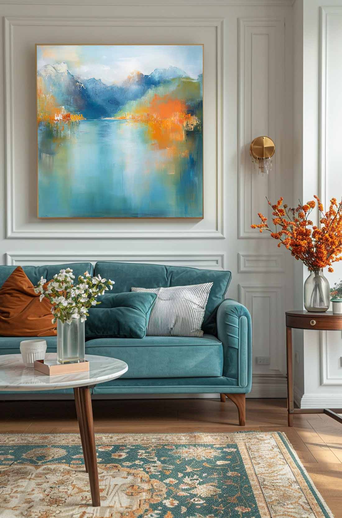 Ink Style Texture Painting Abstract Landscape Oil Painting Modern Blue Dreamscape Lake Natural Artwork