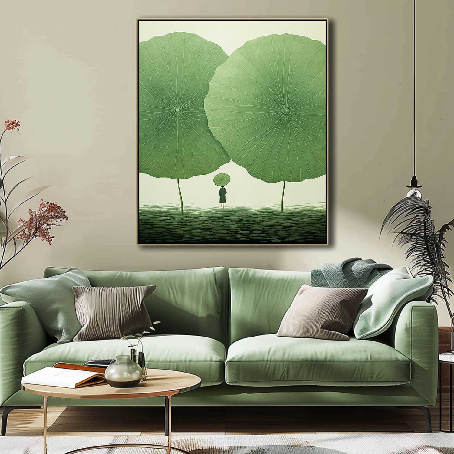 Original Modern Leaf Artwork Abstract Lotus Leaf Oil Painting On Canvas Floral illustration Wall Art Home Decor