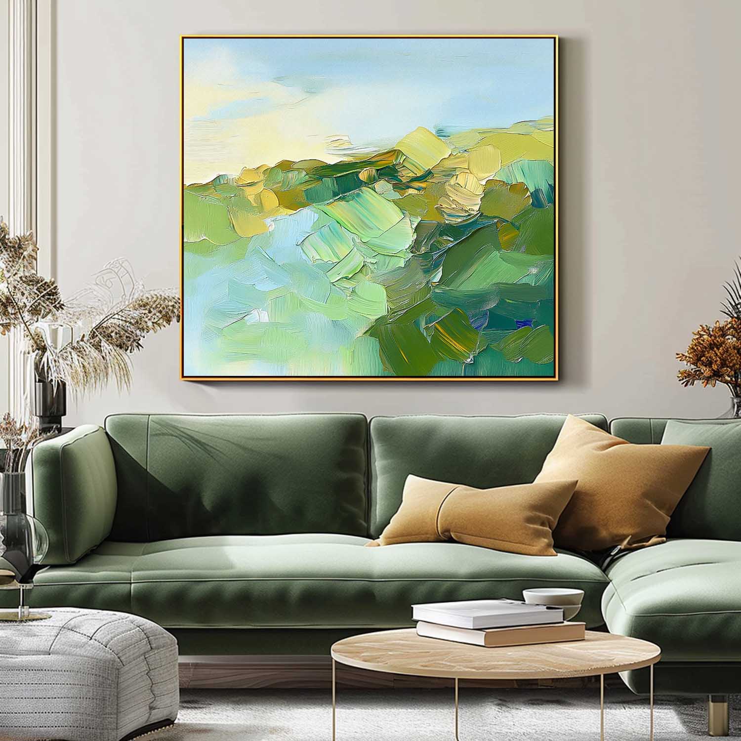 Large Abstract Texture Canvas Wall Art Abstract Landscape Scraper painting Modern Green Minimalist Painting