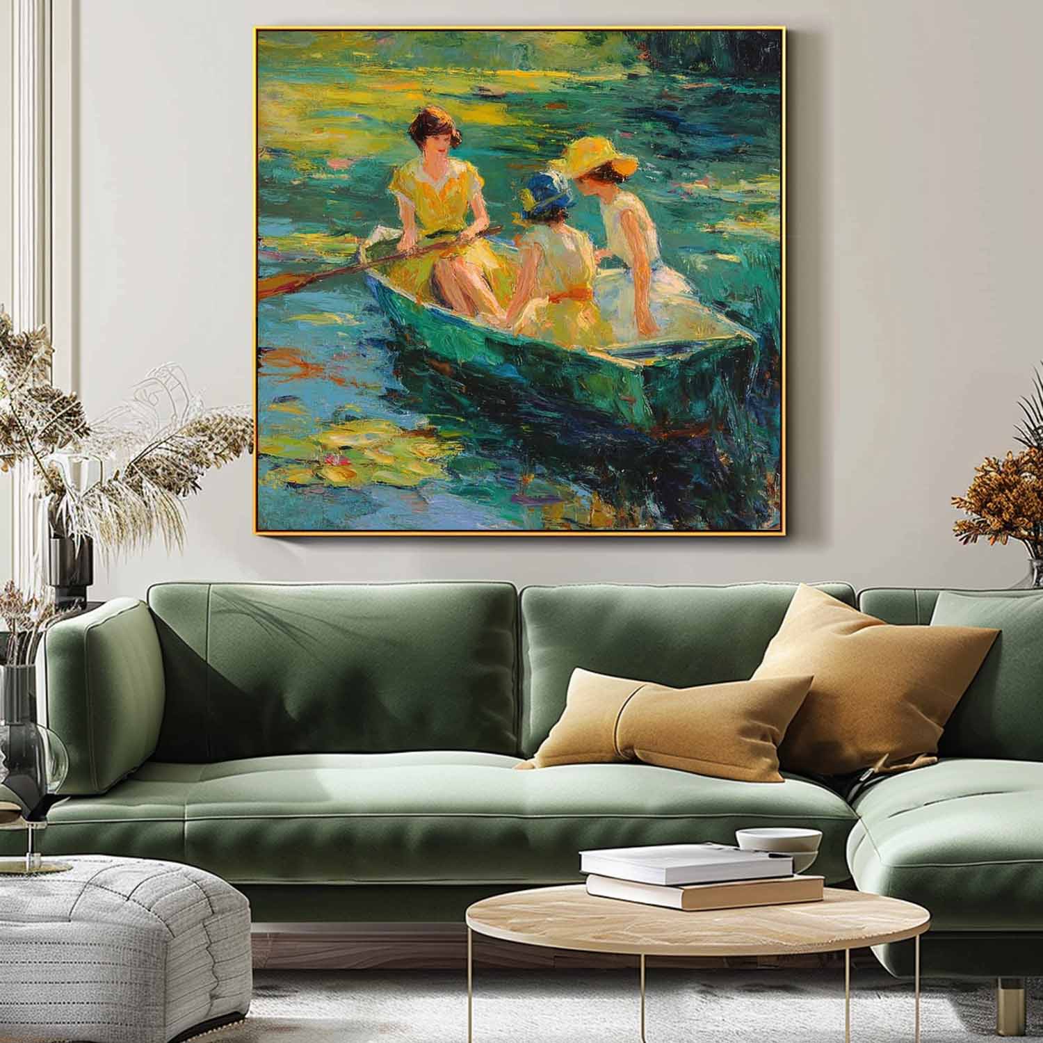 Hand-Painted Art Ladies In Vintage Yellow Dresses Boating On Lily Pond Impressionist Scene Home Wall Decor