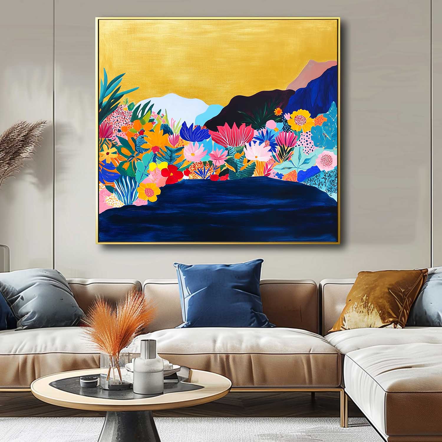 Large Illustration style Wall Art Floral Painting on Canvas Original Flower Bush Botanical Square Artwork