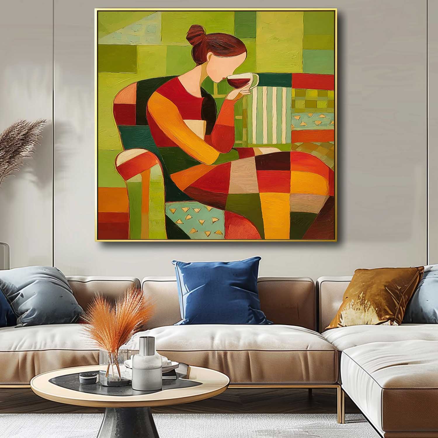 Lady Geometric Color Blocks Oil Painting Canvas Original Elegant Woman Wall Art Abstract Figure Artwork