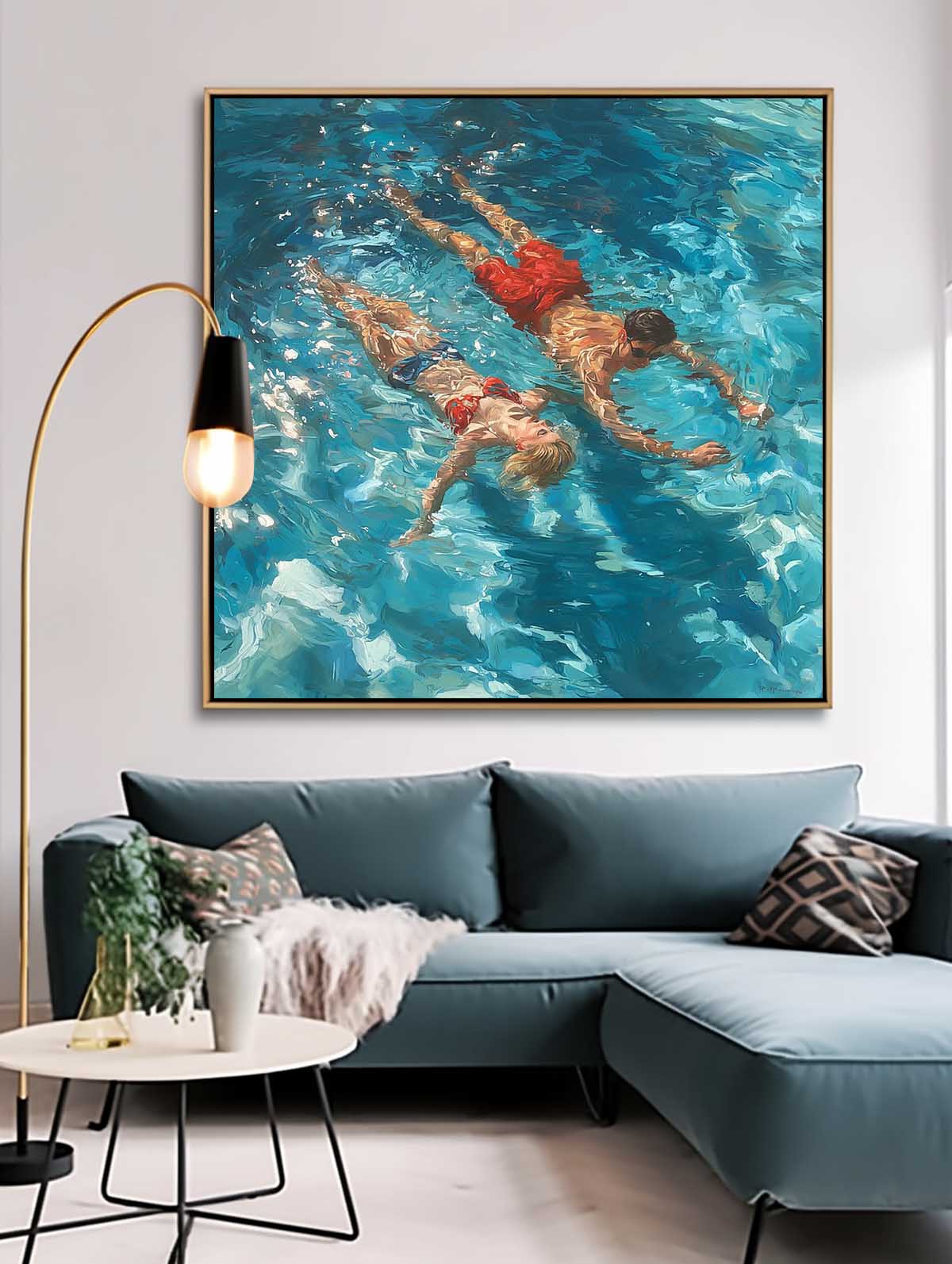 Original Couple swimming Wall Art Lady And Man Artwork Square Diving In Ocean Acrylic Painting