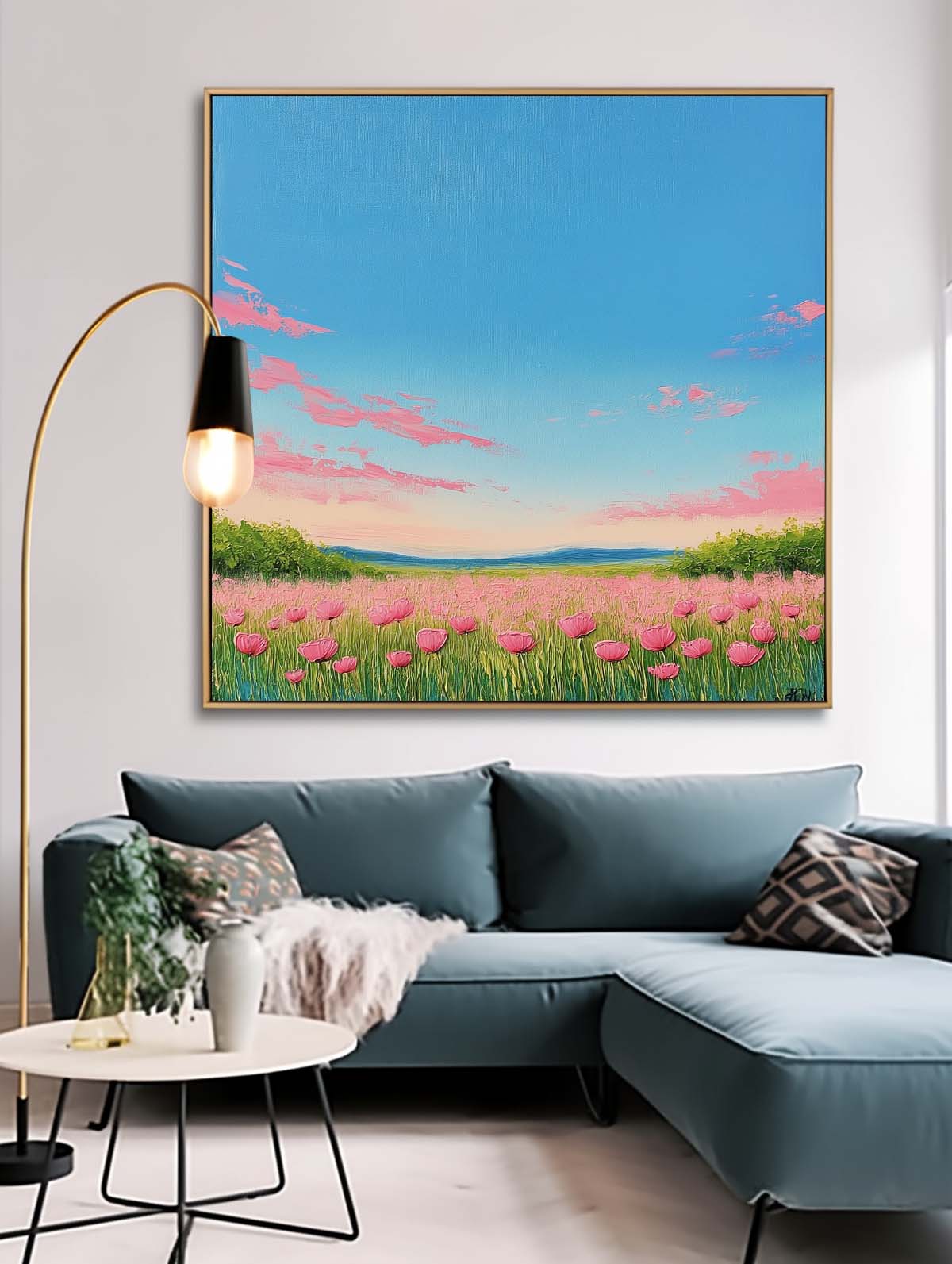 Wildflower Field Scenery Oil Painting Sunset Landscape painting Muted Country Field Wall Art Nature Artwork