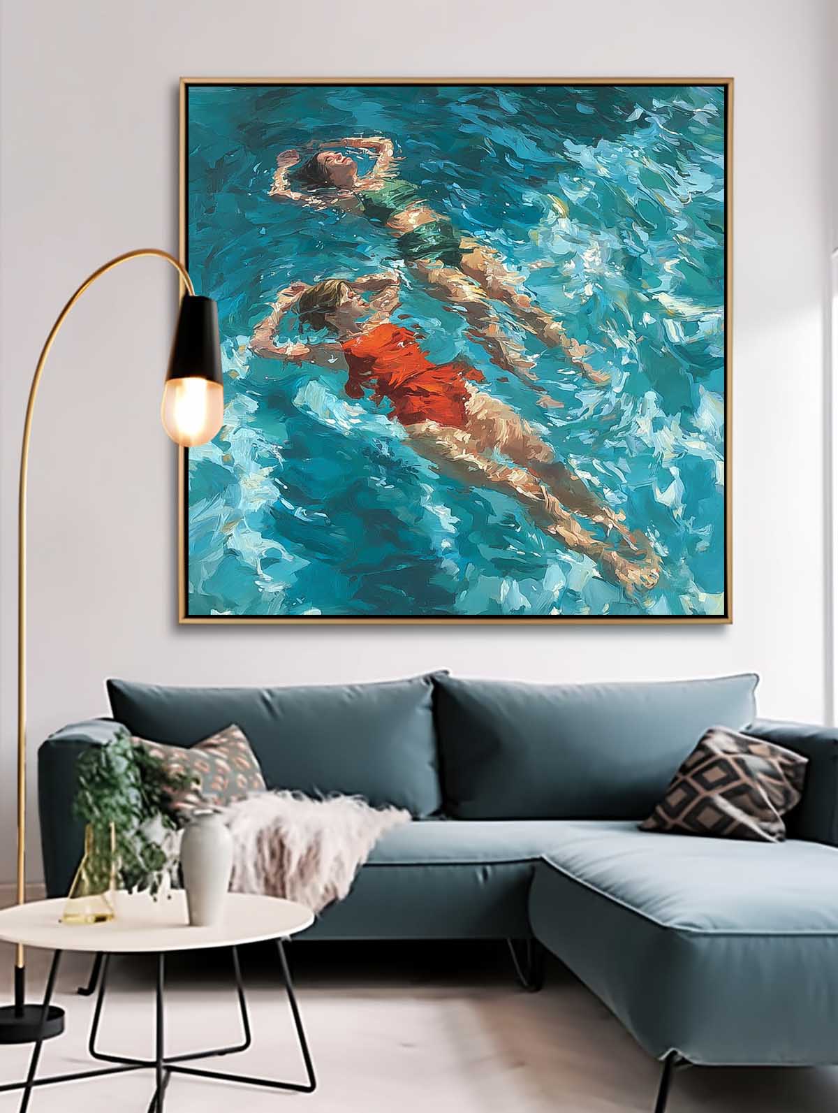 Original Best Friend swimming Wall Art Lady Artwork Square Diving In Ocean Sisters Acrylic Painting