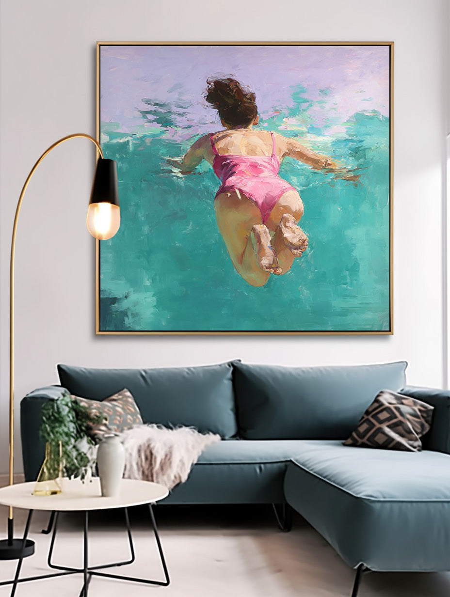 Color Original Girl swimming Wall Art Diving In Ocean Sensual Woman Acrylic Painting Cute Lady Artwork