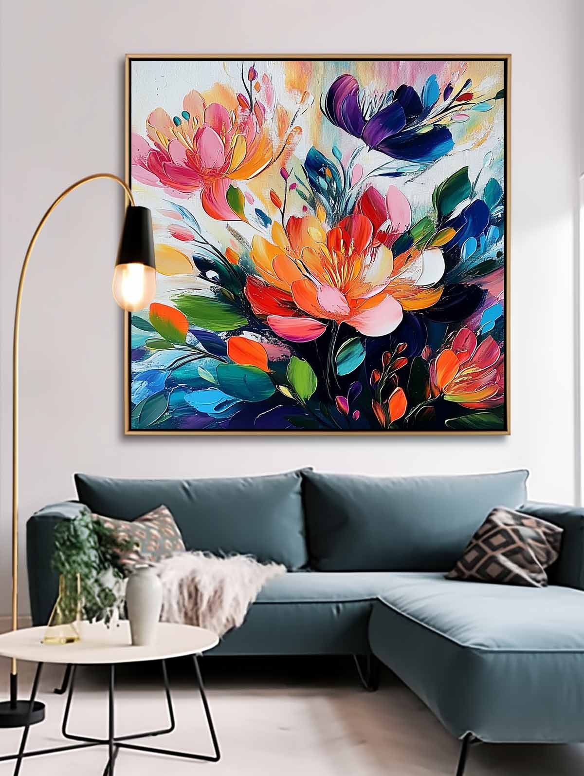 Original Beautifu Art Color Large Textured Flower Painting Framed Modern Floral Wall Art Home Decor