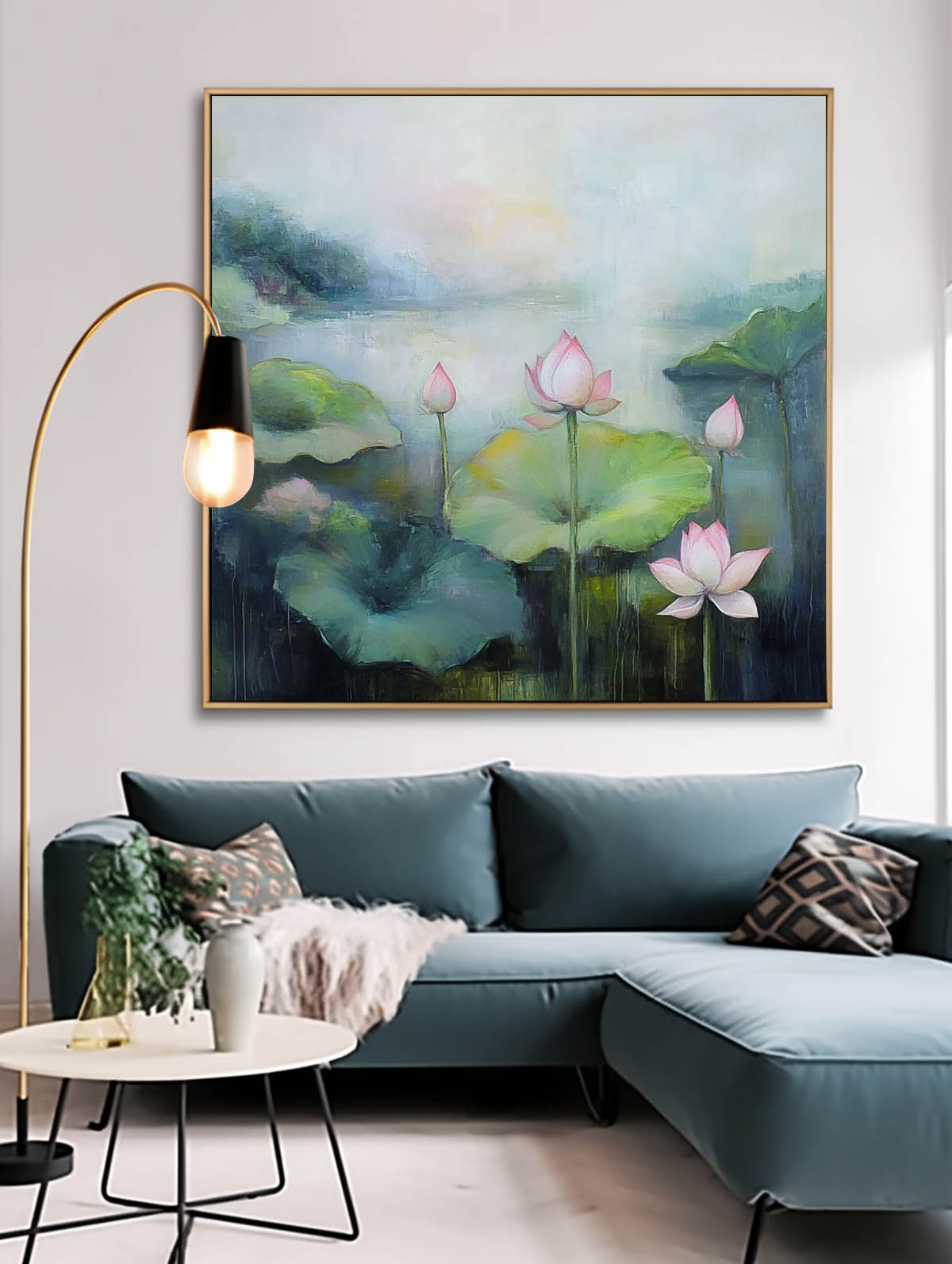 Floral Texture Canvas Painting Original Abstract Lotus Artwork Large Handmade Wall Art For Living Room