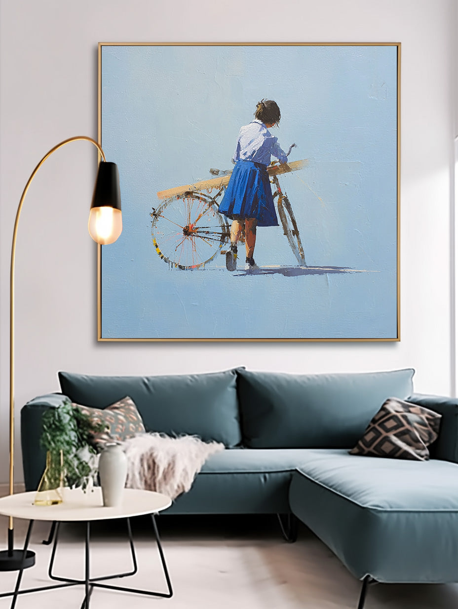 Minimalist Girl Riding A Bicycle Painting Blue Wall Art Abstract Warm atmosphere Art For Living Room