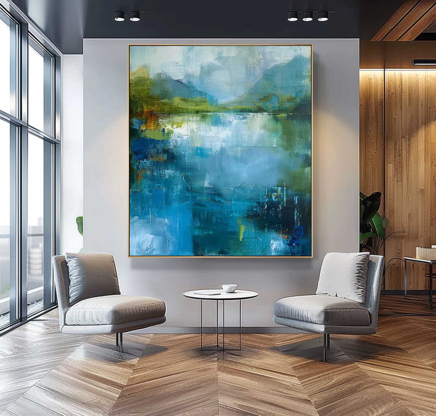 Original Green And Blue Vertical Scenery Painting Modern Landscape Wall Art Large Abstract Painting On Canvas