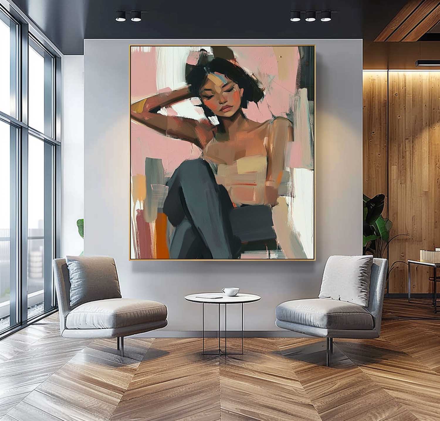 Large Lovely Girl Acrylic Painting Abstract Lady Artwork Original Woman Wall Art Framed For Living Room
