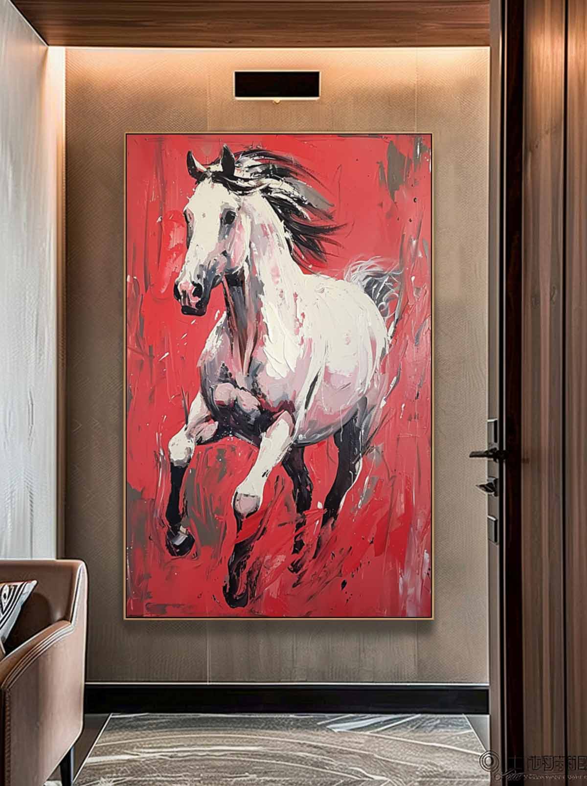 Modern Red background Texture Animal Oil Painting White Horse Oil Painting Impressionist Horse Wall Art Decor