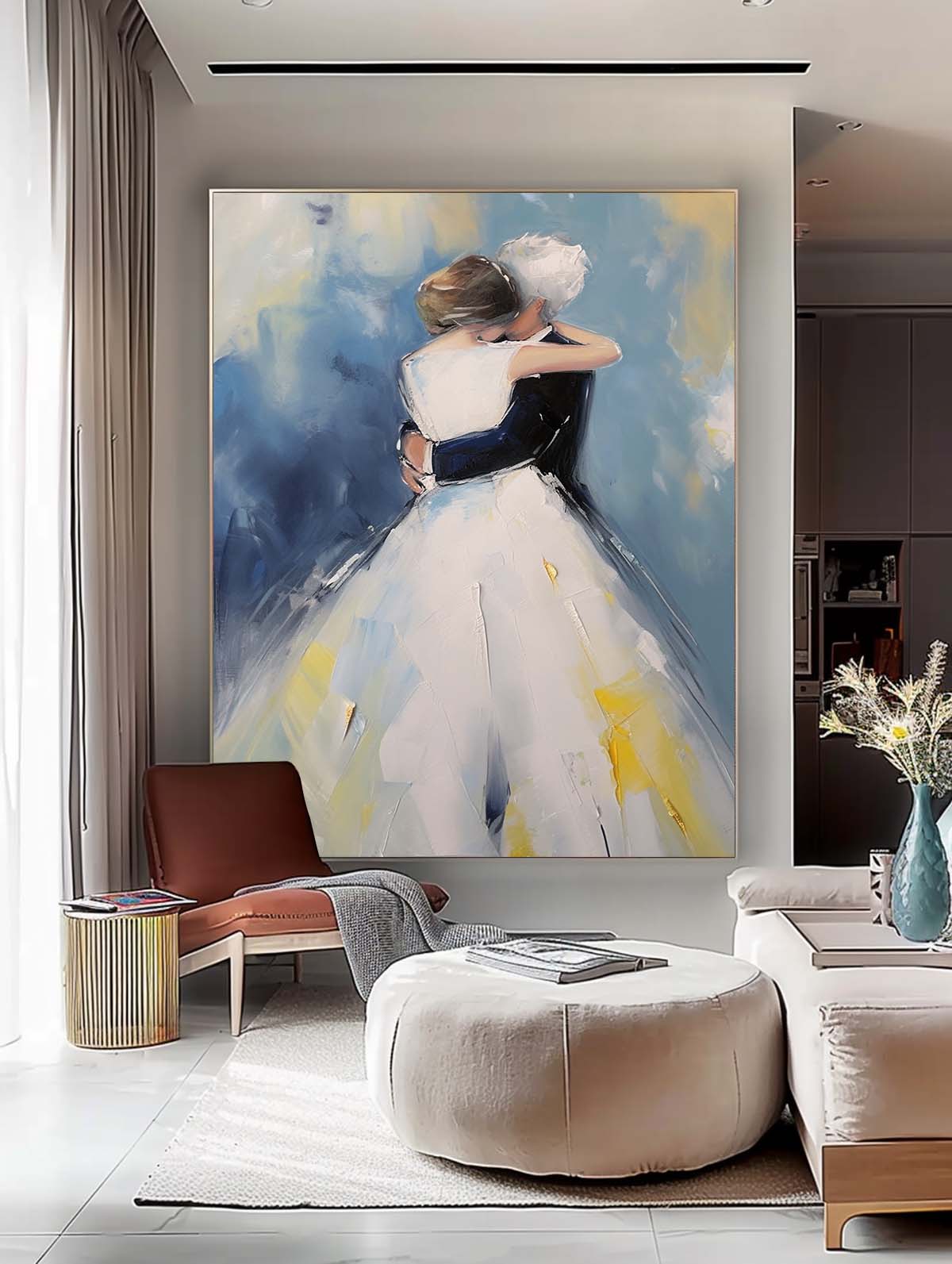 Large Texture Painting Framed Wedding Artwork Original Wall Art Character Outline Painting Anniversary Wedding Gift