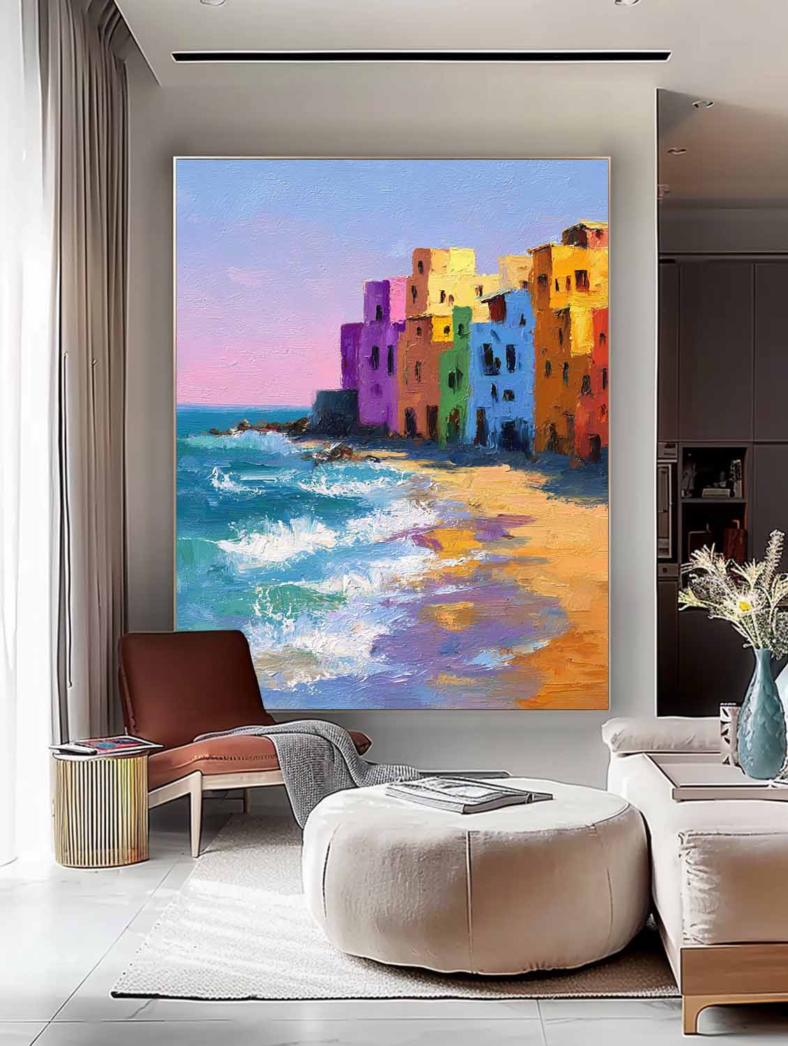 Coastal Wall Art Original Abstract Colorful Seaside Houses Painting Modern Texture Artwork Home Decor