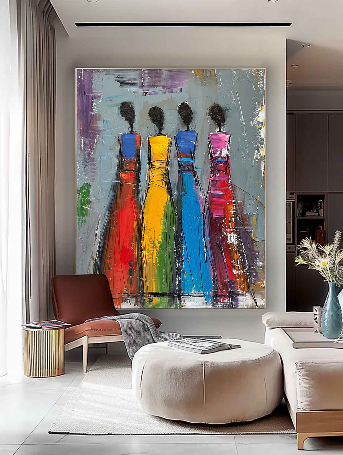 Colorful Four Women Silhouettes Painting Original Modern Wall Art Big Multicolor Girl Painting Framed