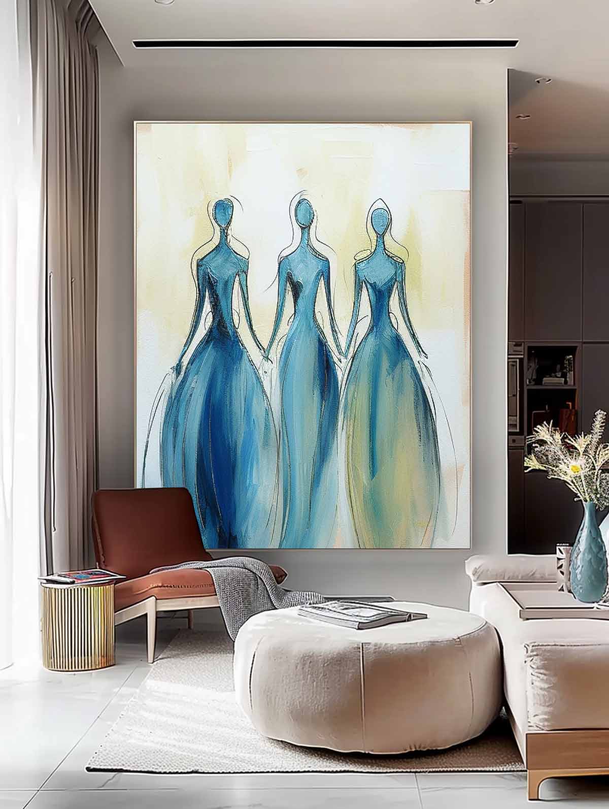 Modern Blue Minimal Abstract Painting Figure Neutral Wall Decor Line Contemporary Gallery Wall Art
