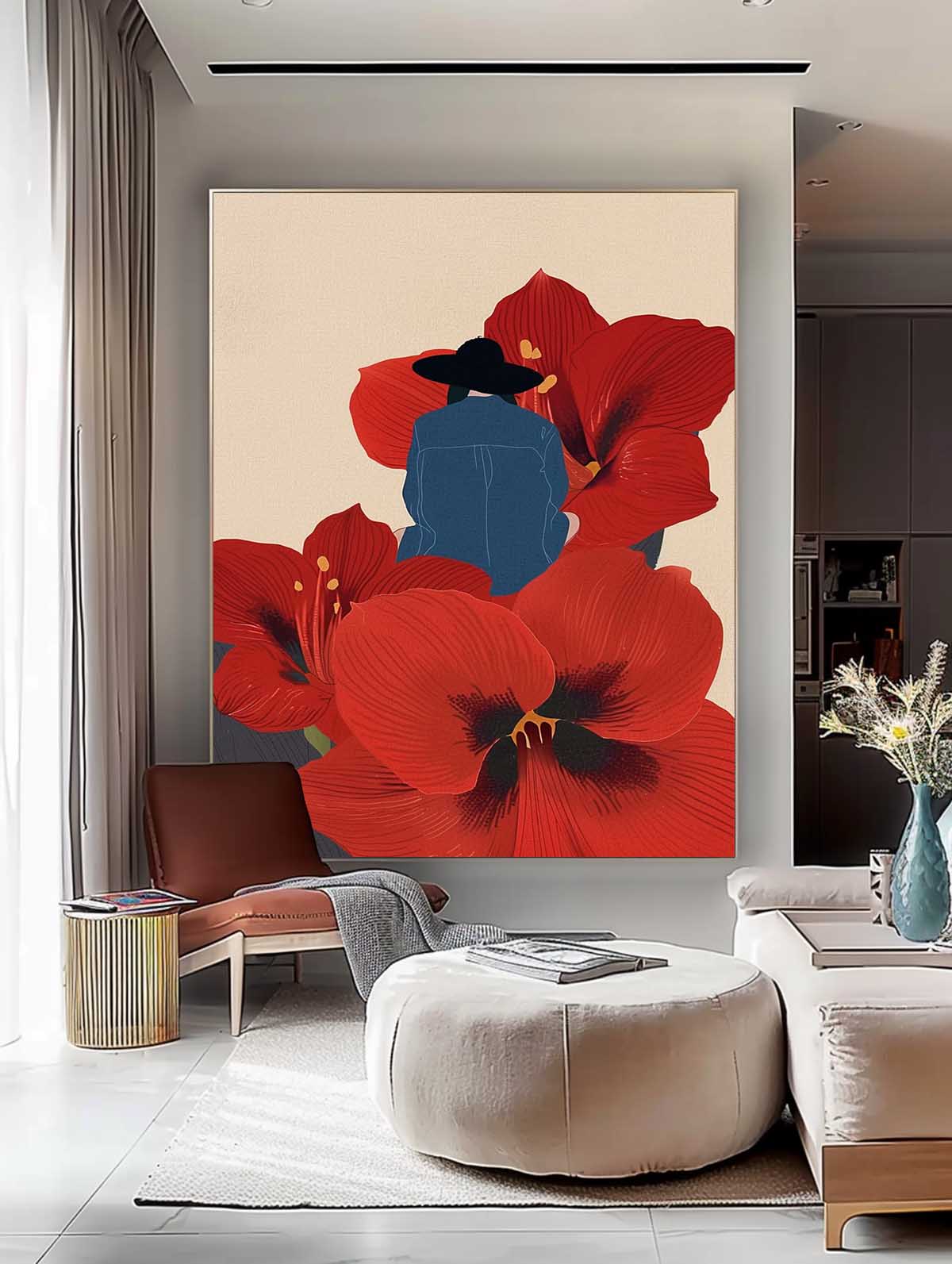 Large Figure Painting Original Girl On Flowers Wall Art Illustration style Abstract Artwork Home Decor