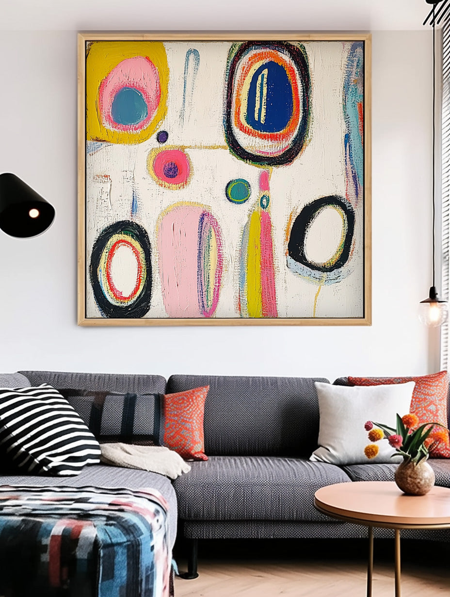 Modern Handmade Artwork Square Abstract Oil Painting Original Irregular Geometric Circles Wall Art