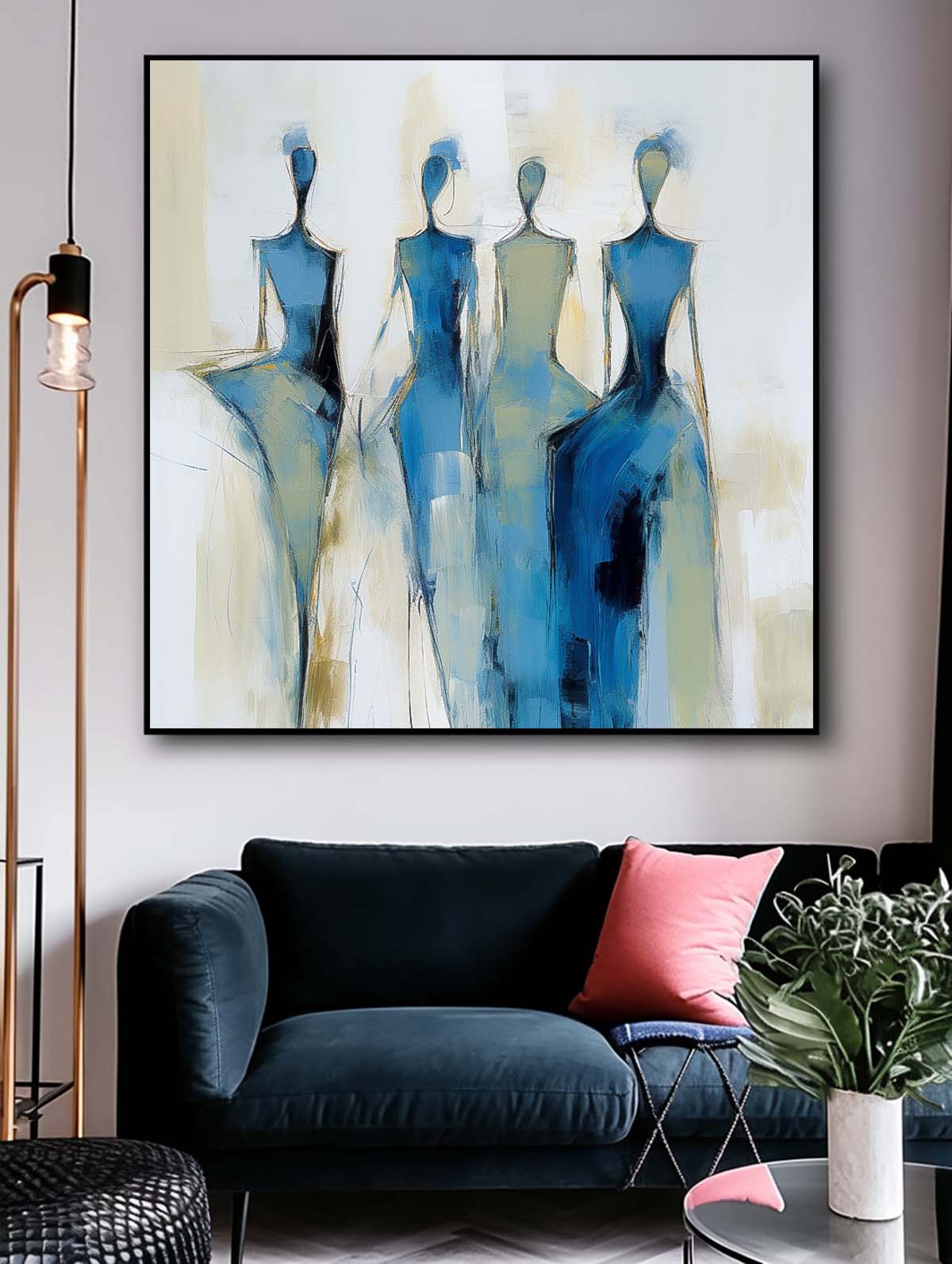 Square Large Portrait Artwork Original Blue Figure Acrylic Painting Canvas Abstract Wall Art Decor
