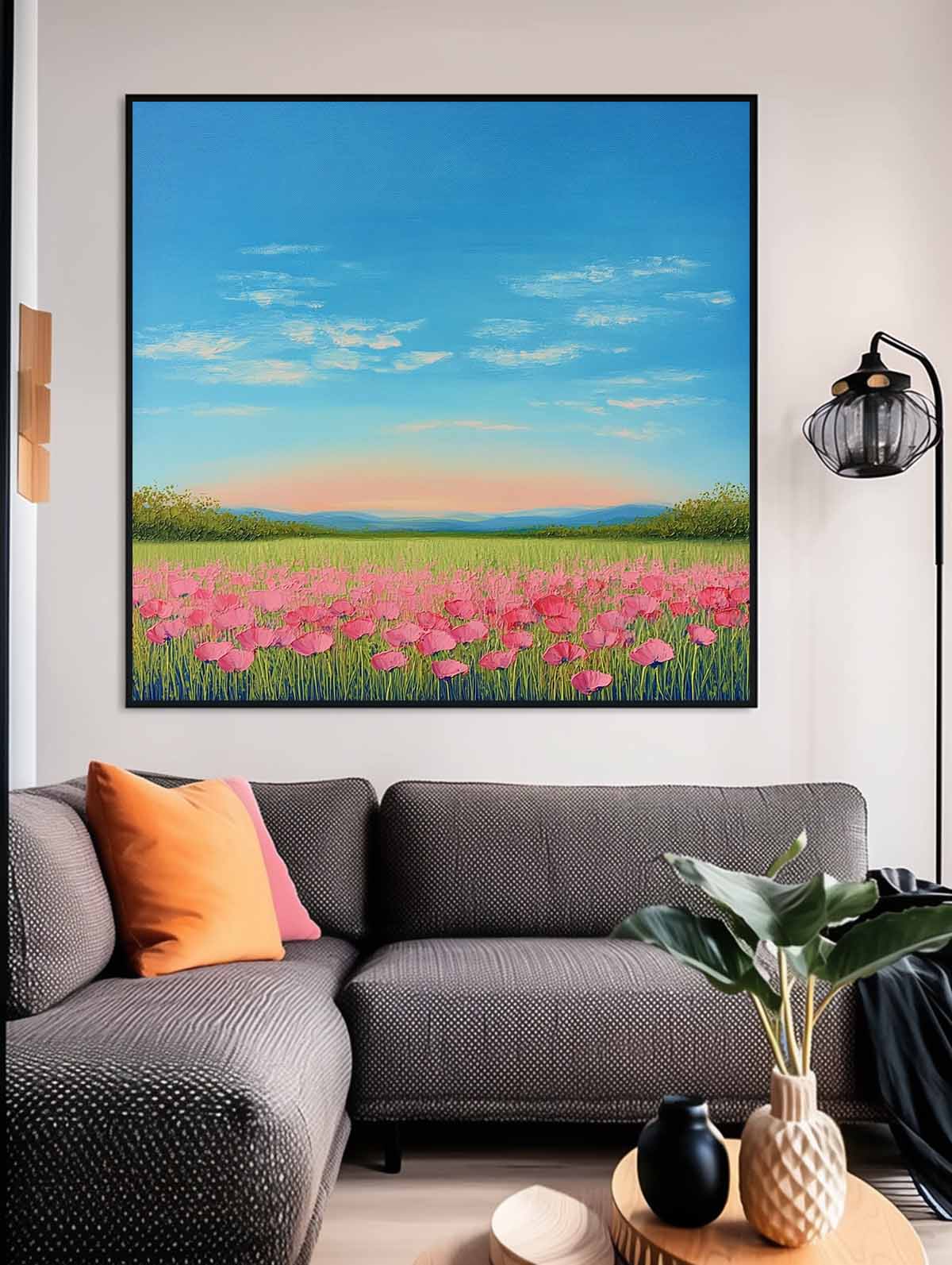 Landscape painting Nature Artwork Muted Country Field Wall Art Wildflower Field Scenery Oil Painting