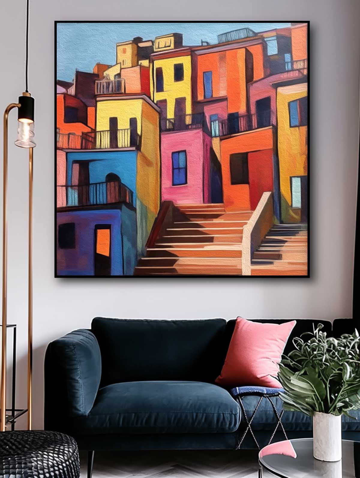 Modern Colorful House Oil Painting Large Acrylic painting Original Architecture Wall Art Home Decor