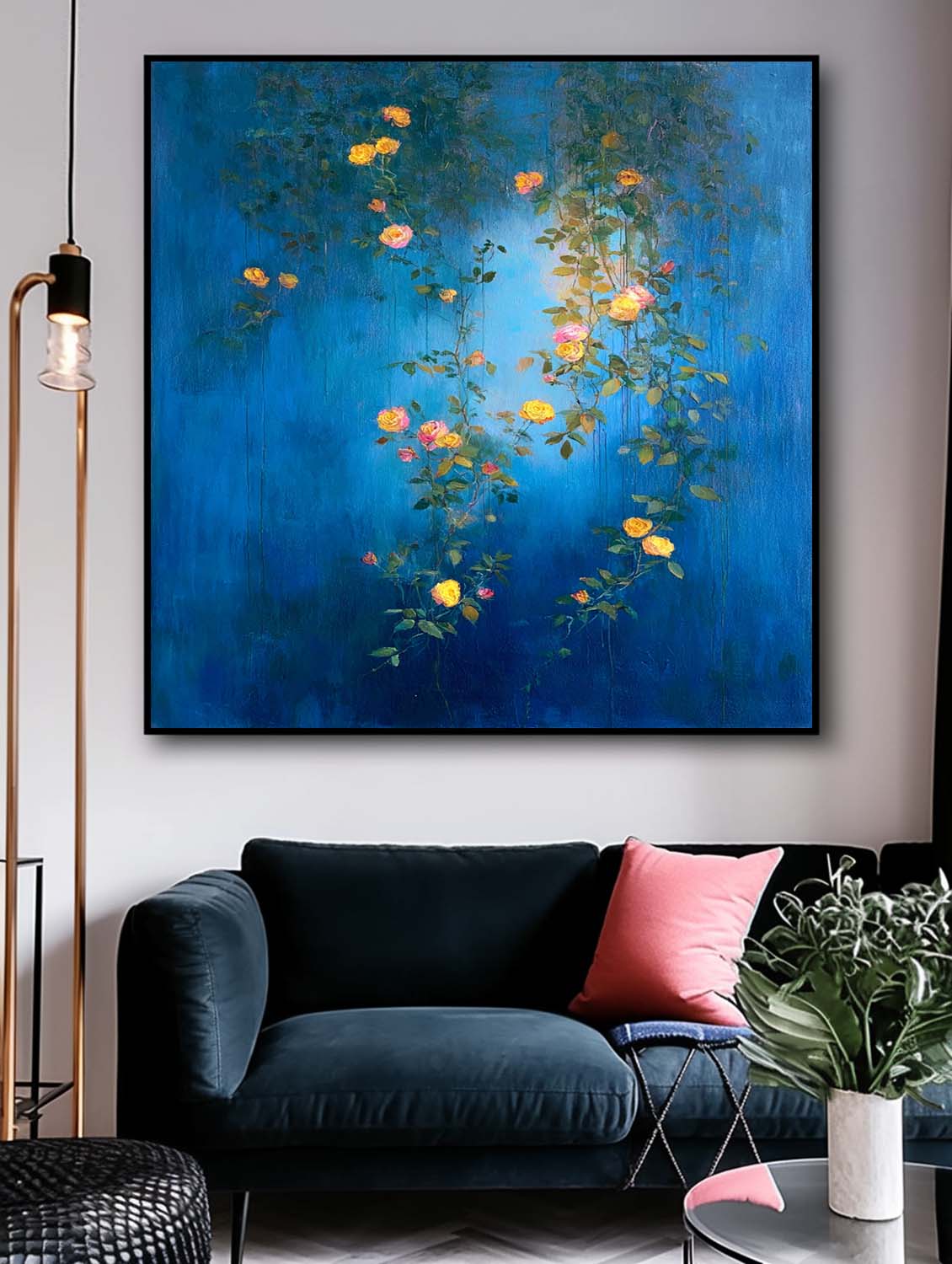 Original Floral Wall Art Canvas Vibrant Yellow & Pink Roses On Deep Blue Background Modern Boho Living Room