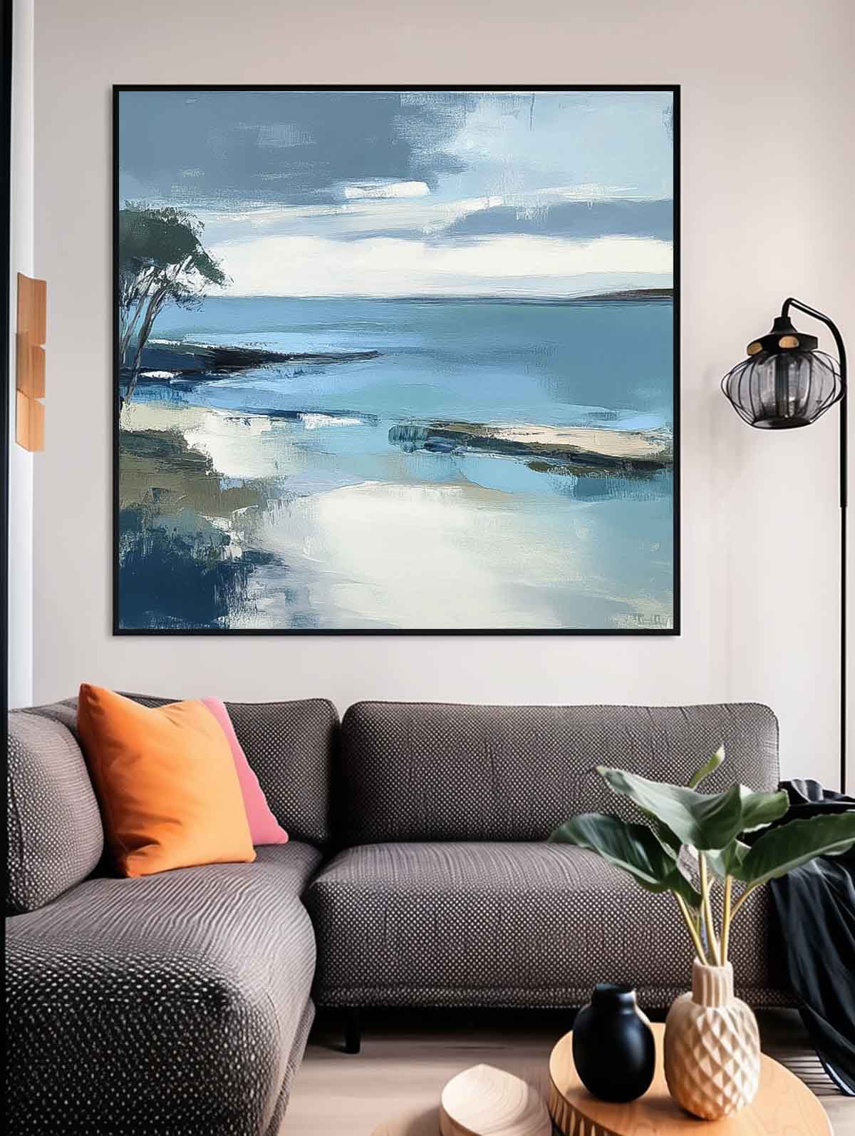 Large Blue Texture Wall Art Seaside Landscape Artwork Abstract Offing Scenery Oil Painting Framed Home Decor