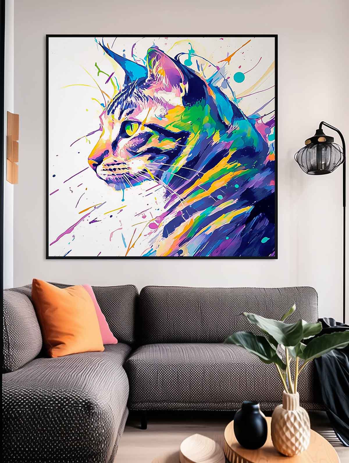 Square Cat Oil Painting Canvas Large Colorful Animal Artwork Original Lovely Kitty Wall Art Home Decor