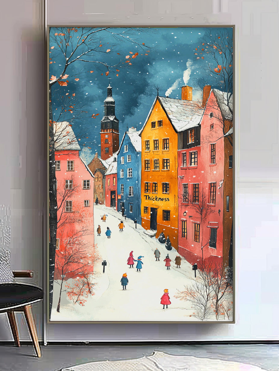 Original Winter Color Architectural Landscape Oil Painting Large Wall Art Abstract Scenery Painting Home Decot