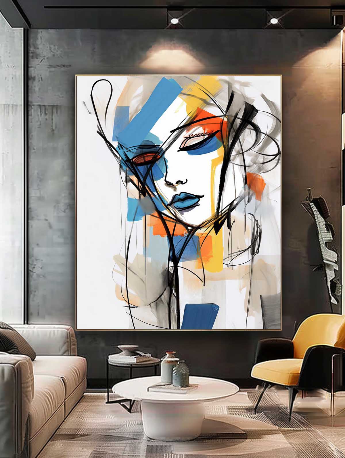 Abstract Lines Character Painting Framed Artwork Large Figure Acrylic Painting Original Color Minimalism Wall Art