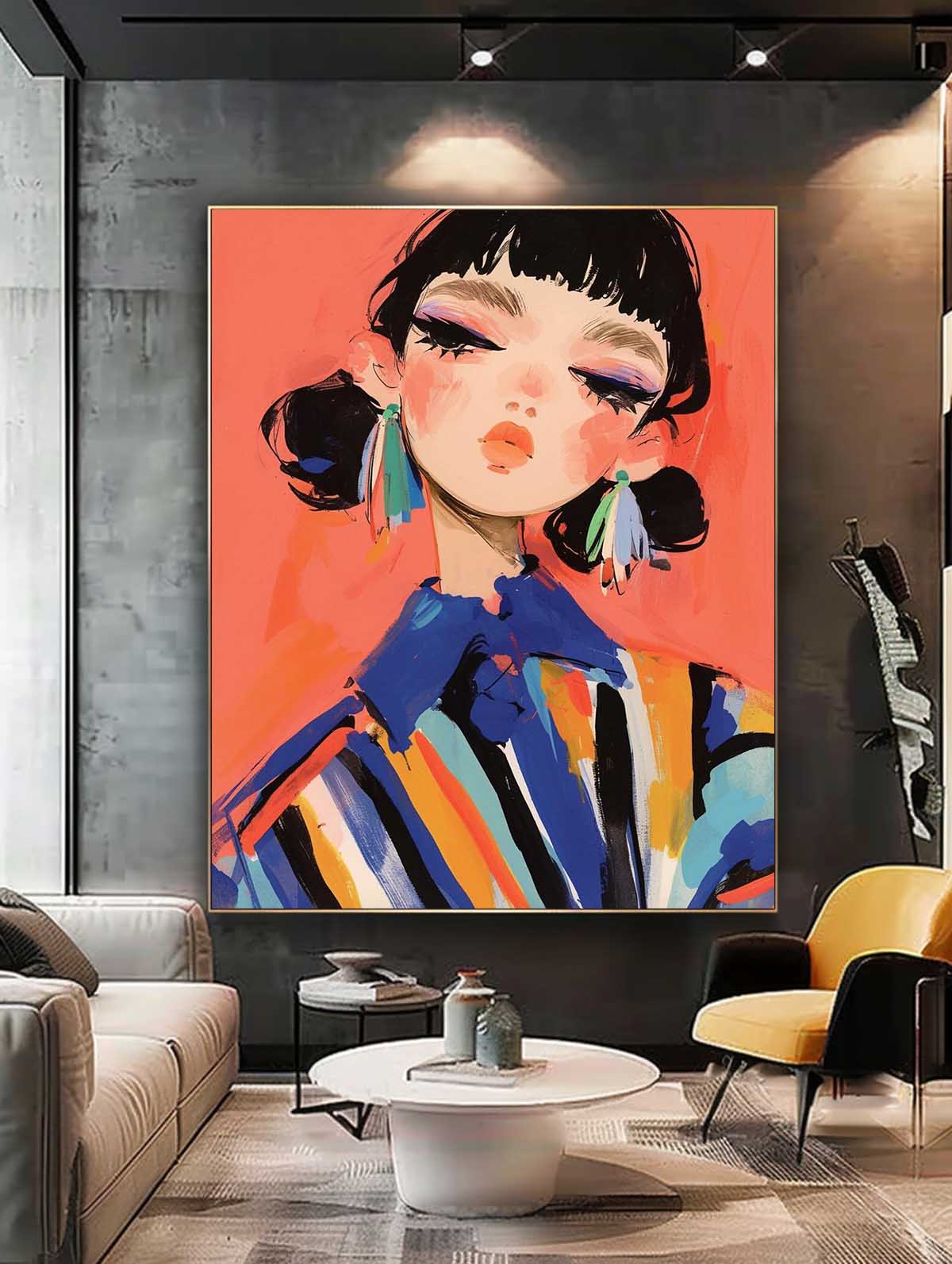 Cute Girl Original Abstract Wall Art Big Fgure Acrylic Painting Cartoon Character Painting Framed Artwork