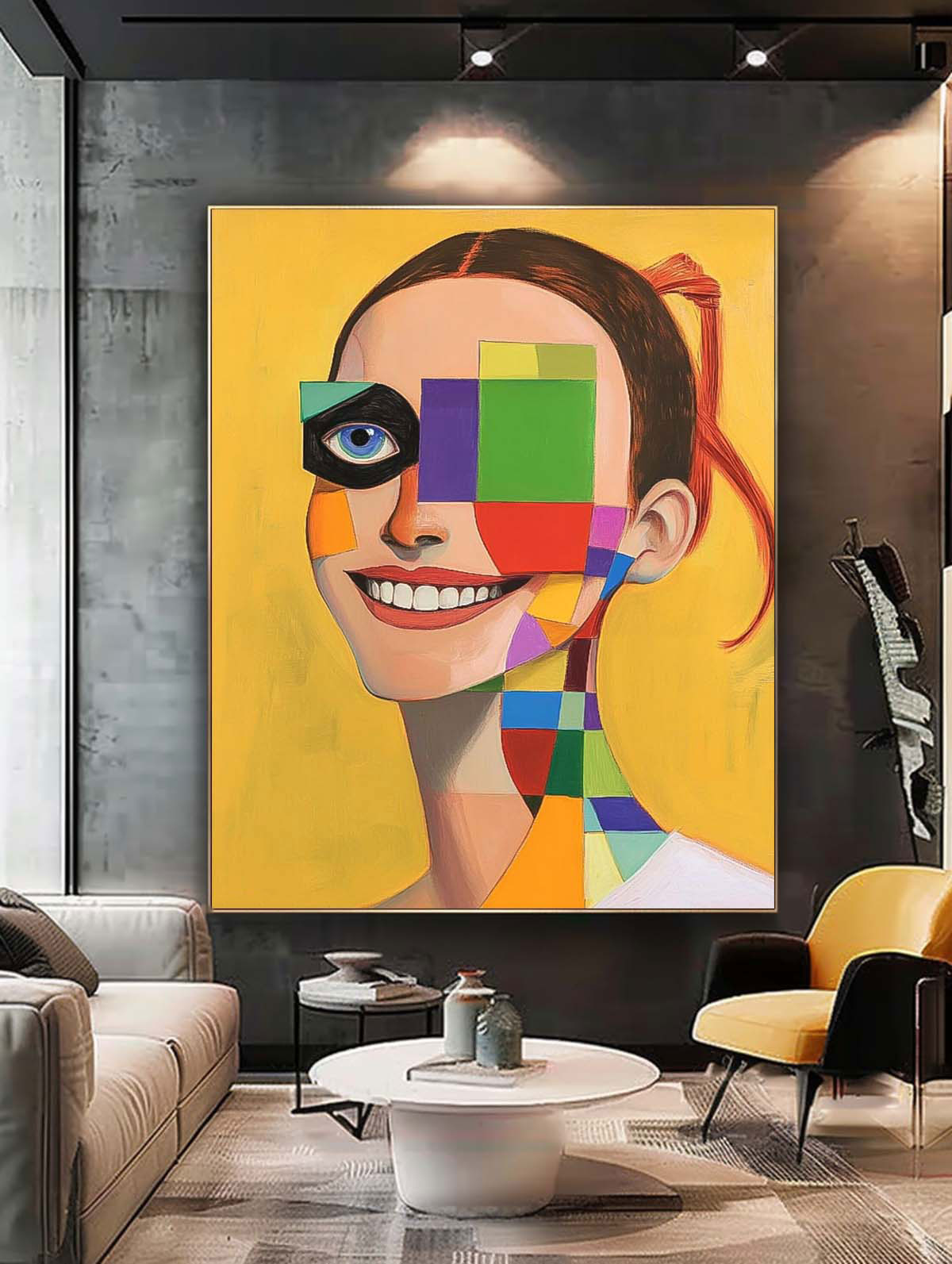 Original Texture Girl Wall Art Abstract Geometric Face Oil Painting On Canvas Lady Contemporary Artwork