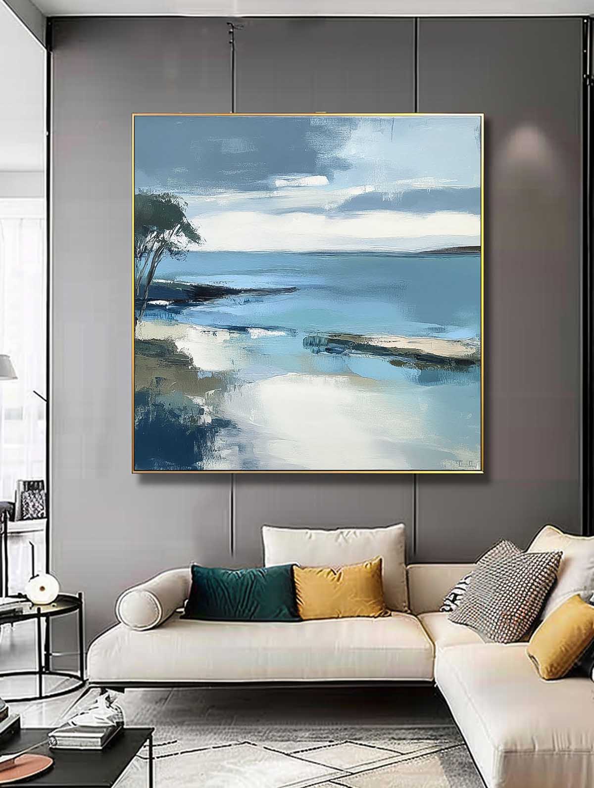 Large Blue Texture Wall Art Seaside Landscape Artwork Abstract Offing Scenery Oil Painting Framed Home Decor