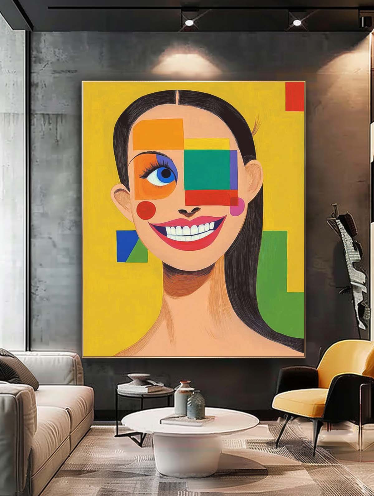 Abstract Geometric Face Oil Painting On Canvas Original Texture Girl Wall Art Lady Contemporary Artwork