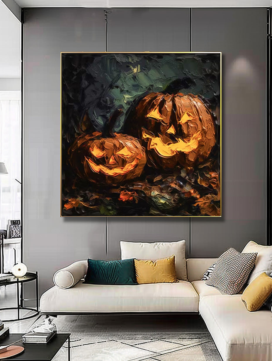 Large Pumpkin Head Square Texture Abstract Wall Art Framed Modern Abstract Canvas Painting Holiday Decorations