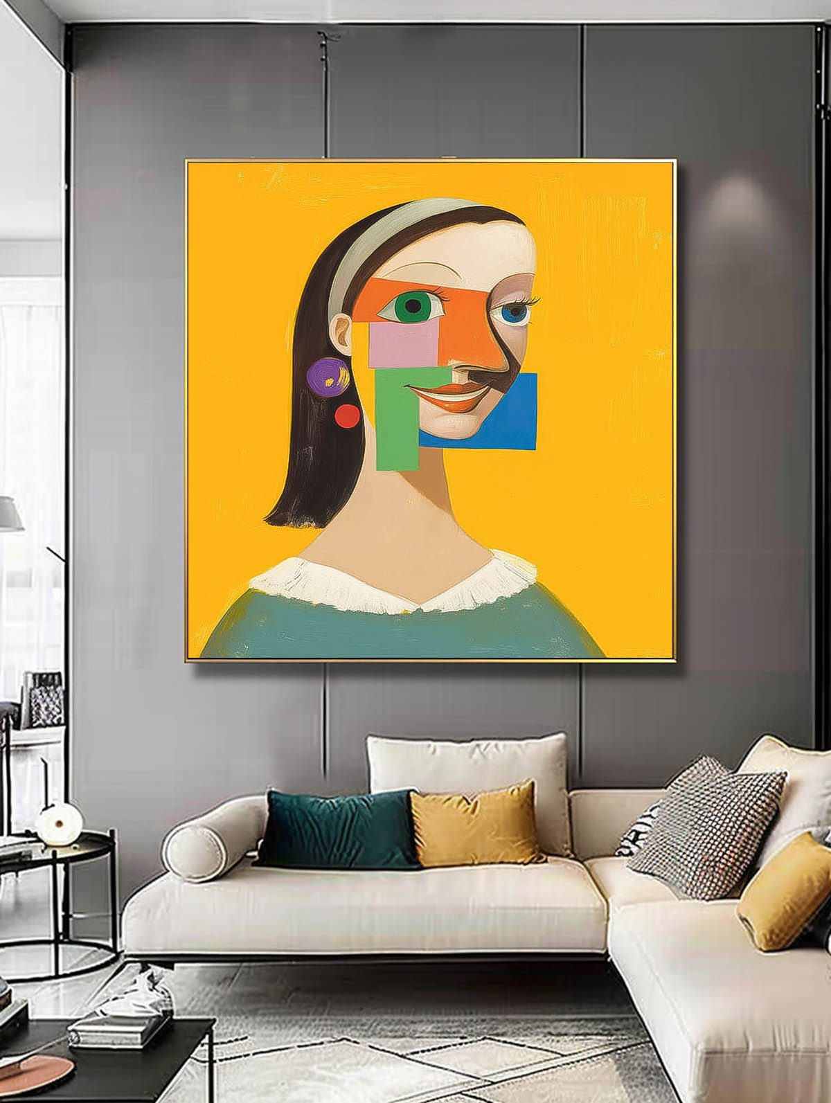Origina Woman Acrylic Painting Canvas Abstract Geometric Face Lady Wall Art Square Large Girl Artwork