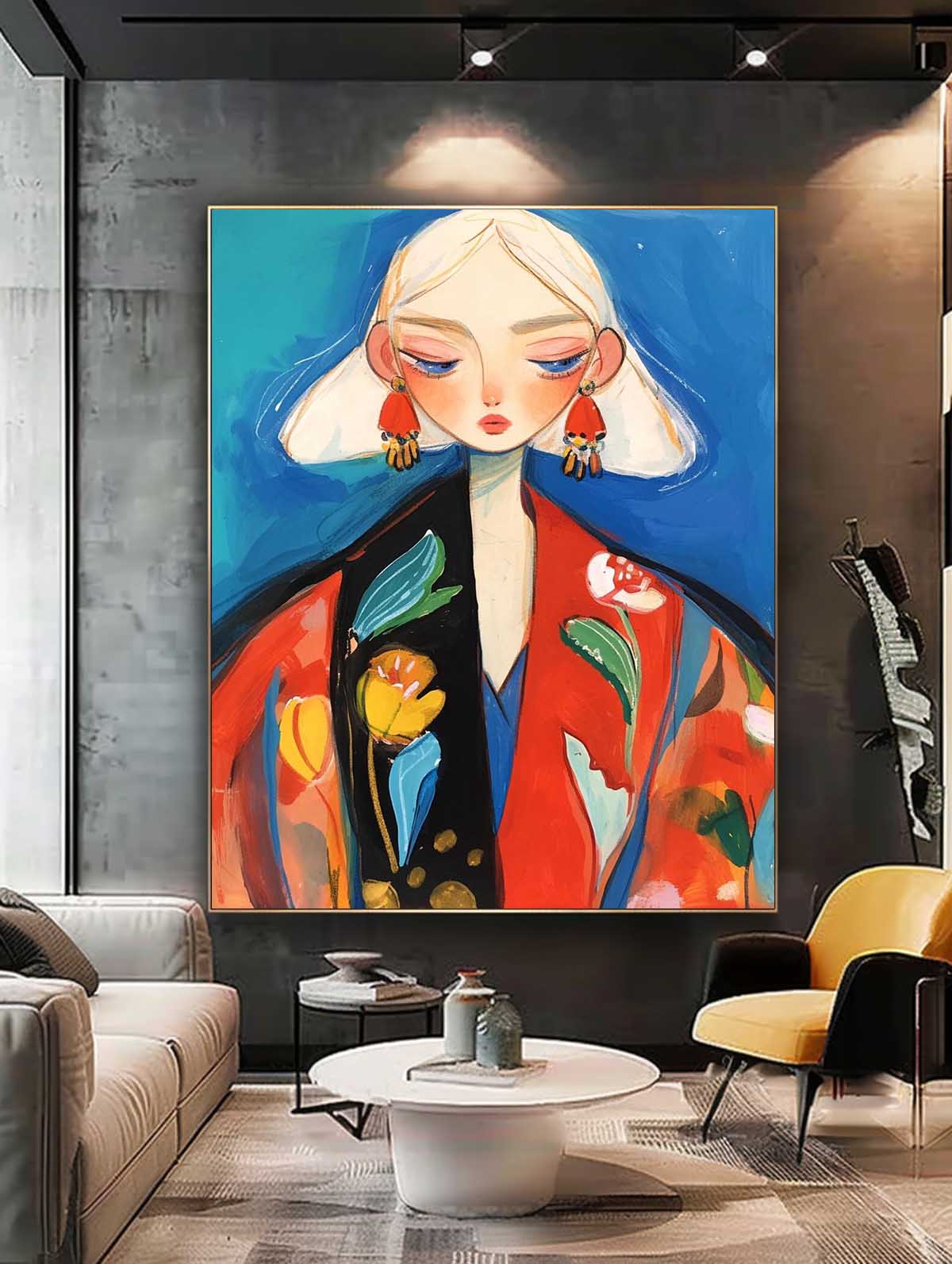 Large Fgure Acrylic Painting Cute Girl Original Abstract Wall Art Cartoon Character Painting Framed Artwork