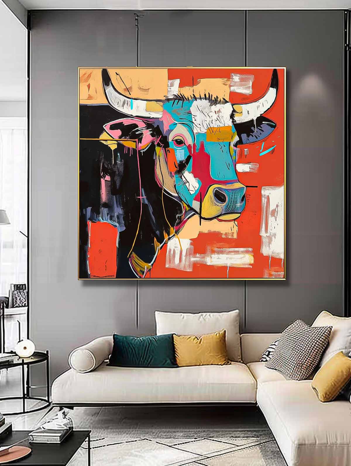 Square Ox Oil Painting Canvas Original Lovely Cow Wall Art Large Colorful Animal Artwork Home Decor